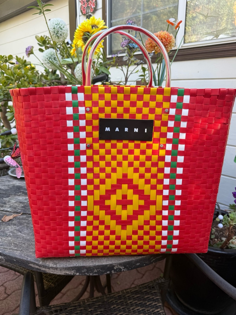 Marni Large Red and Yellow Woven Picnic Tote